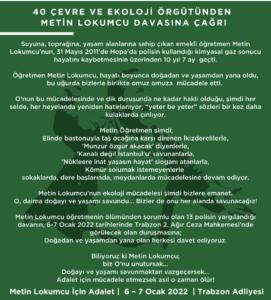 ÇEVRE VE EKOLOJİ ÖRGÜTLERİNDEN METİN LOKUMCU DAVASINA DAYANIŞMA ÇAĞRISI “METİN