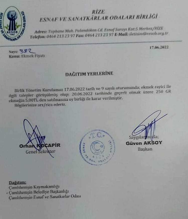 Rize’de ekmeğe yeni zam