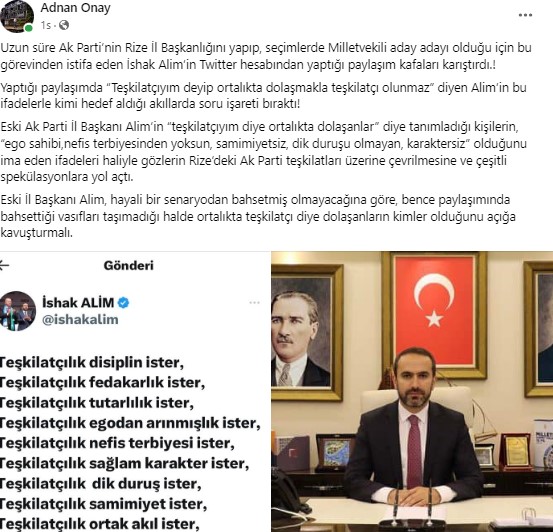 Gazeteci onay AKP eski il başkanına Alim’den “Ego sahibi nefis terbiyesinden yoksun dik duruşu olmayan karaktersiz” sözlerine açıklık getirmesini istedi